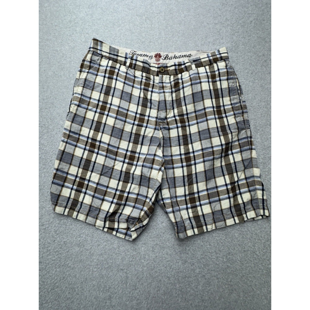 Tommy Bahama Shorts Mens *34 Brown Plaid Linen Lyocell Blend Coastal Beach Aloha